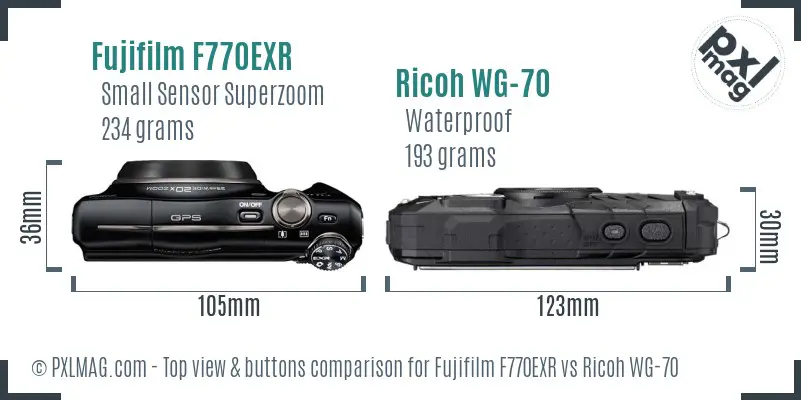 Fujifilm F770EXR vs Ricoh WG-70 top view buttons comparison Fujifilm F770EXR vs Ricoh WG-70 top view buttons comparison