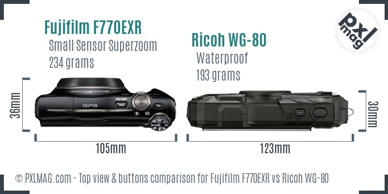 Fujifilm F770EXR vs Ricoh WG-80 top view buttons comparison