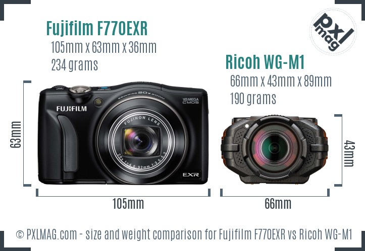 Fujifilm F770EXR vs Ricoh WG-M1 size comparison