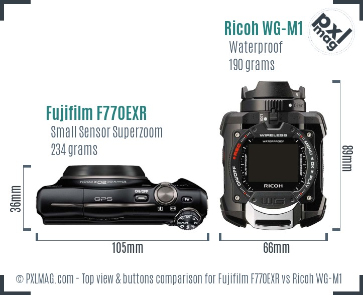 Fujifilm F770EXR vs Ricoh WG-M1 top view buttons comparison