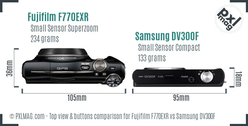 Fujifilm F770EXR vs Samsung DV300F top view buttons comparison