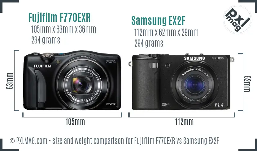 Fujifilm F770EXR vs Samsung EX2F size comparison