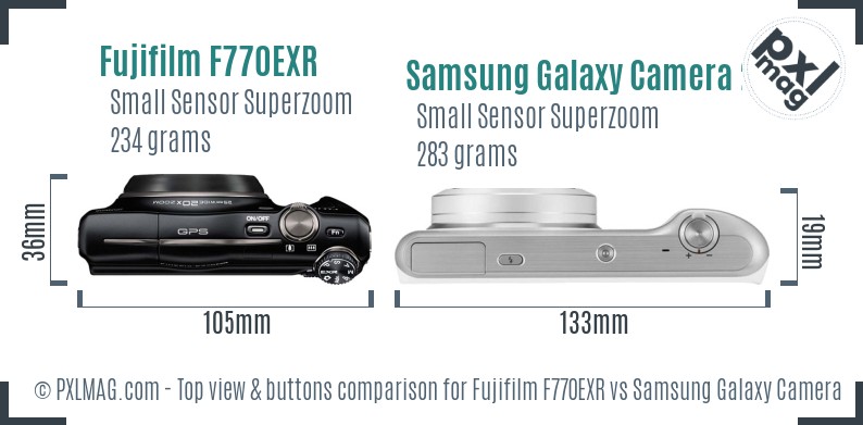 Fujifilm F770EXR vs Samsung Galaxy Camera 2 top view buttons comparison