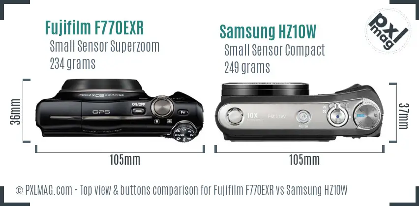 Fujifilm F770EXR vs Samsung HZ10W top view buttons comparison