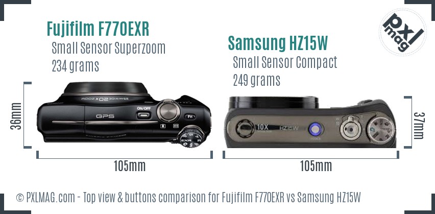 Fujifilm F770EXR vs Samsung HZ15W top view buttons comparison