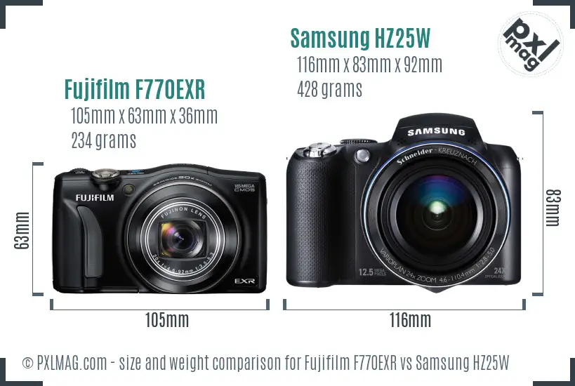 Fujifilm F770EXR vs Samsung HZ25W size comparison