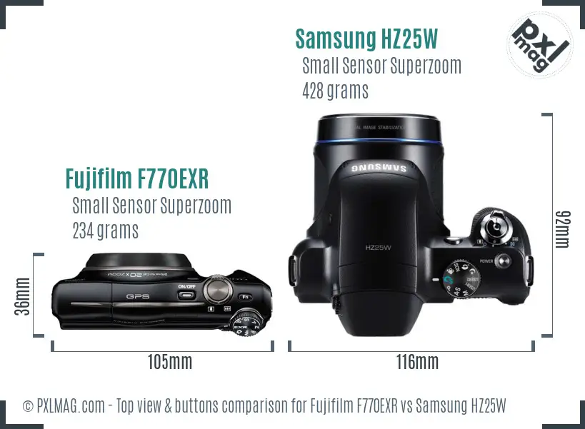 Fujifilm F770EXR vs Samsung HZ25W top view buttons comparison