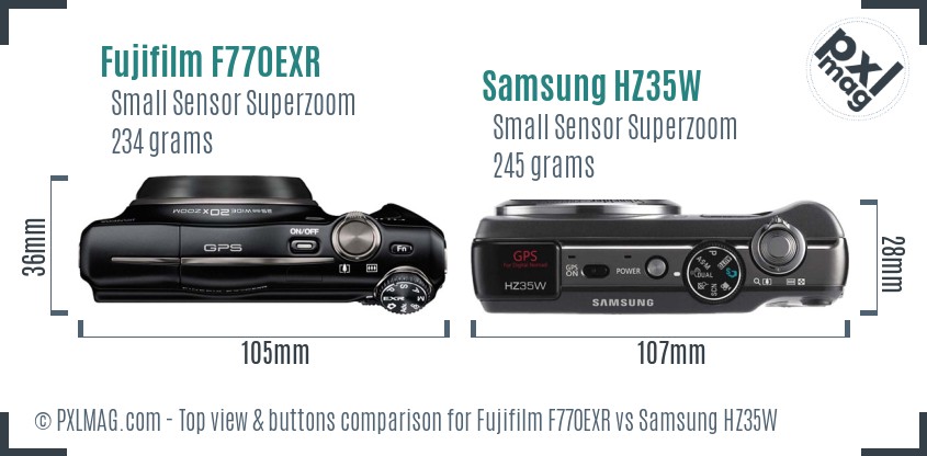 Fujifilm F770EXR vs Samsung HZ35W top view buttons comparison