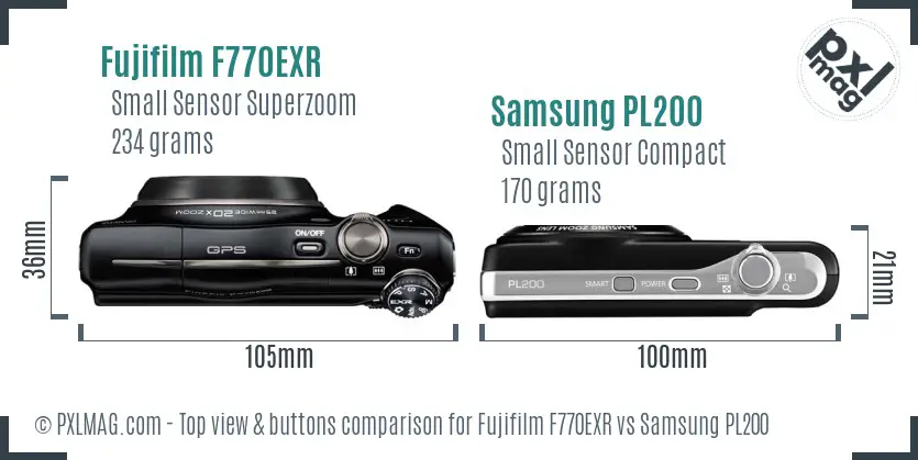 Fujifilm F770EXR vs Samsung PL200 top view buttons comparison Fujifilm F770EXR vs Samsung PL200 top view buttons comparison