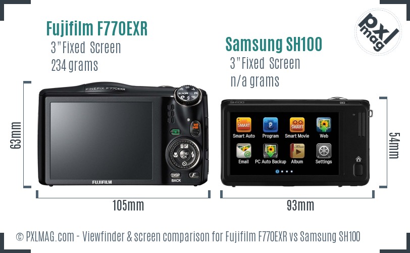Fujifilm F770EXR vs Samsung SH100 Screen and Viewfinder comparison