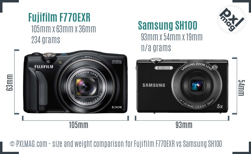 Fujifilm F770EXR vs Samsung SH100 size comparison