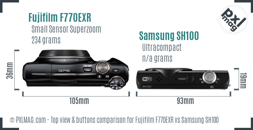 Fujifilm F770EXR vs Samsung SH100 top view buttons comparison