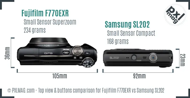 Fujifilm F770EXR vs Samsung SL202 top view buttons comparison