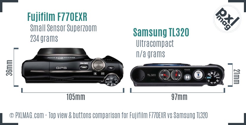Fujifilm F770EXR vs Samsung TL320 top view buttons comparison