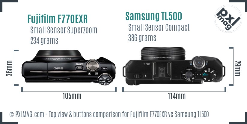 Fujifilm F770EXR vs Samsung TL500 top view buttons comparison