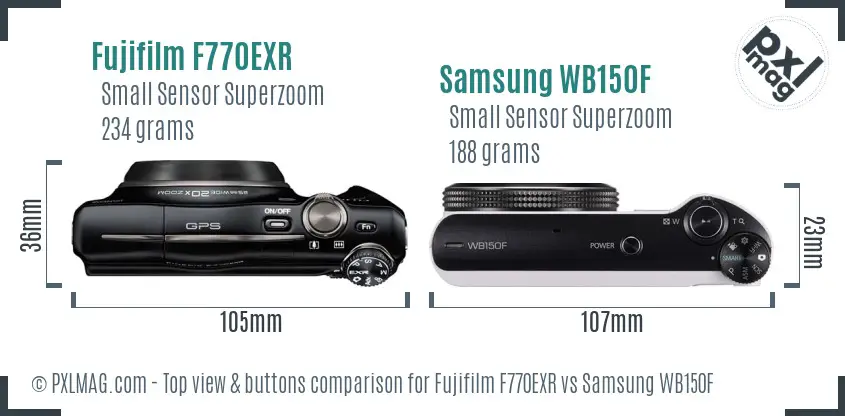 Fujifilm F770EXR vs Samsung WB150F top view buttons comparison Fujifilm F770EXR vs Samsung WB150F top view buttons comparison