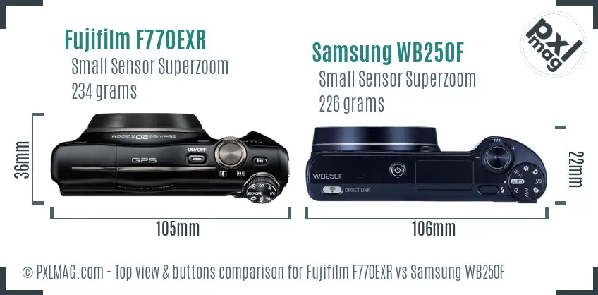 Fujifilm F770EXR vs Samsung WB250F top view buttons comparison Fujifilm F770EXR vs Samsung WB250F top view buttons comparison