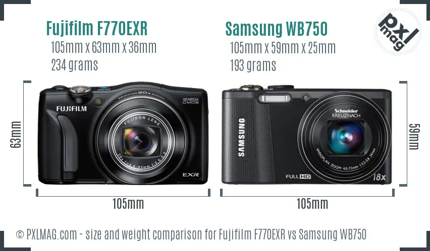 Fujifilm F770EXR vs Samsung WB750 size comparison