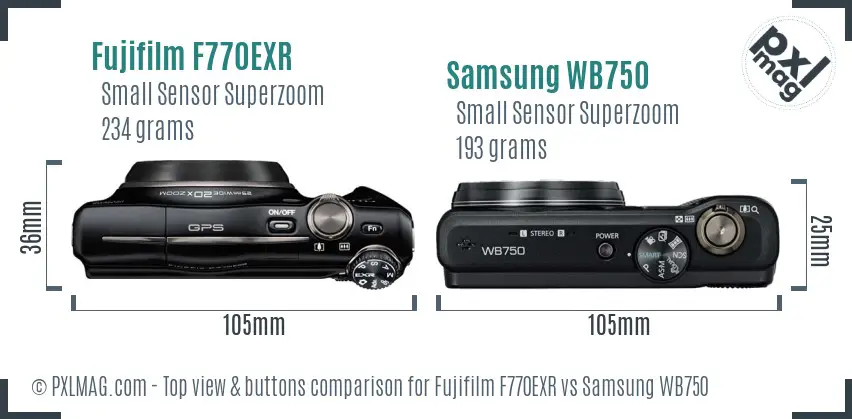 Fujifilm F770EXR vs Samsung WB750 top view buttons comparison