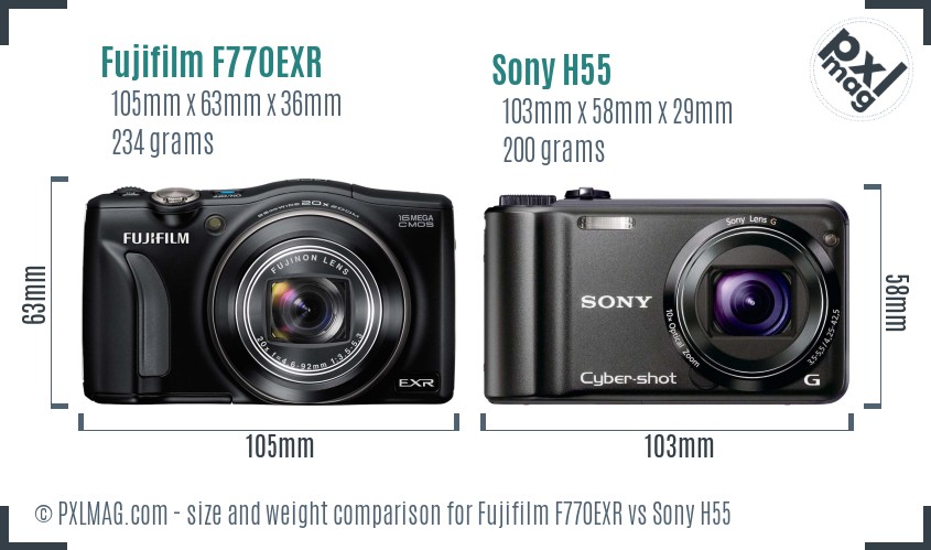 Fujifilm F770EXR vs Sony H55 size comparison