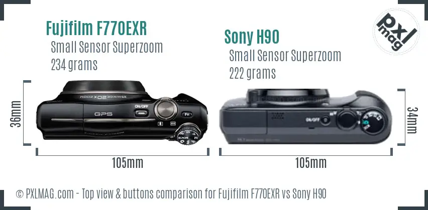 Fujifilm F770EXR vs Sony H90 top view buttons comparison Fujifilm F770EXR vs Sony H90 top view buttons comparison