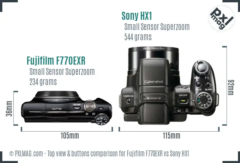 Fujifilm F770EXR vs Sony HX1 top view buttons comparison