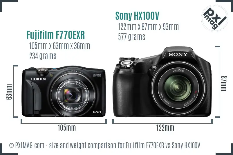 Fujifilm F770EXR vs Sony HX100V size comparison