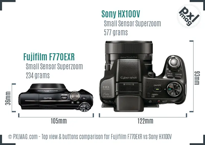 Fujifilm F770EXR vs Sony HX100V top view buttons comparison