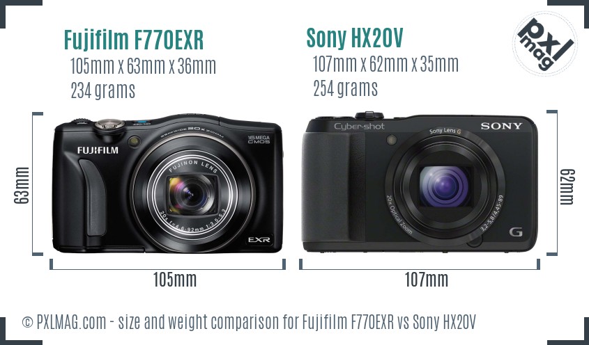 Fujifilm F770EXR vs Sony HX20V size comparison