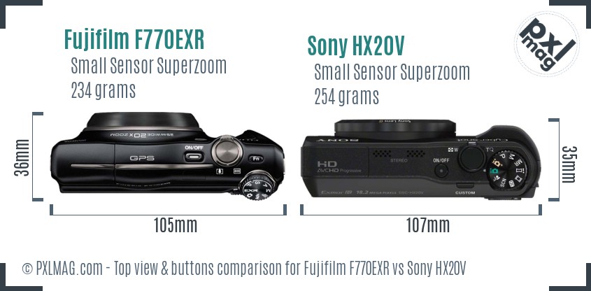 Fujifilm F770EXR vs Sony HX20V top view buttons comparison