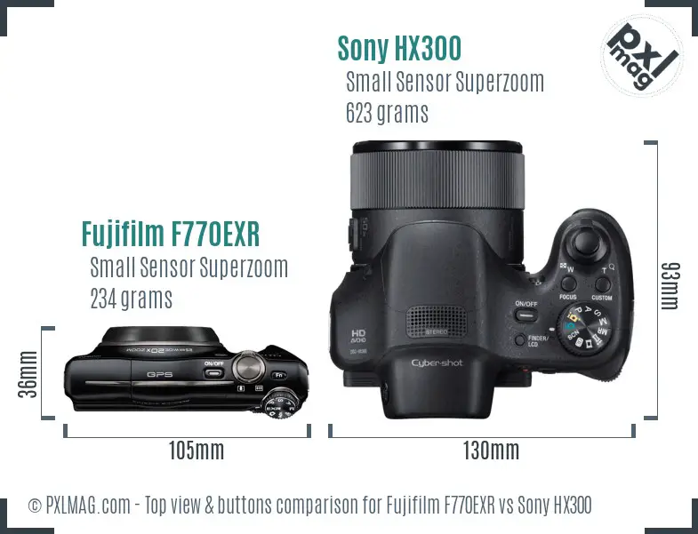 Fujifilm F770EXR vs Sony HX300 top view buttons comparison