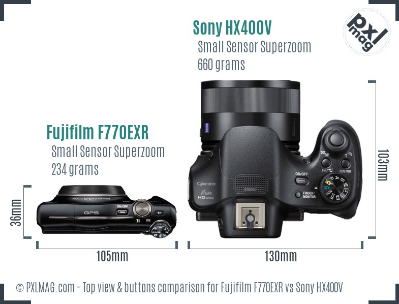 Fujifilm F770EXR vs Sony HX400V top view buttons comparison