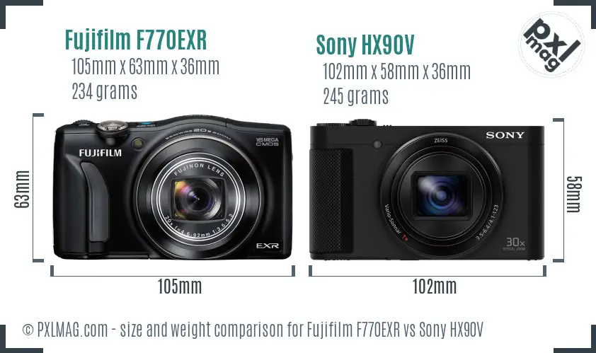 Fujifilm F770EXR vs Sony HX90V size comparison