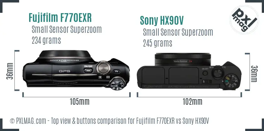 Fujifilm F770EXR vs Sony HX90V top view buttons comparison