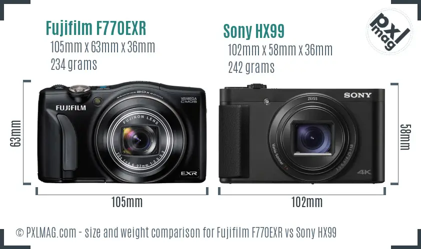 Fujifilm F770EXR vs Sony HX99 size comparison