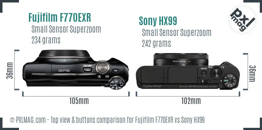 Fujifilm F770EXR vs Sony HX99 top view buttons comparison