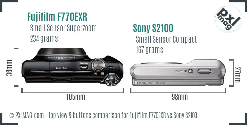 Fujifilm F770EXR vs Sony S2100 top view buttons comparison