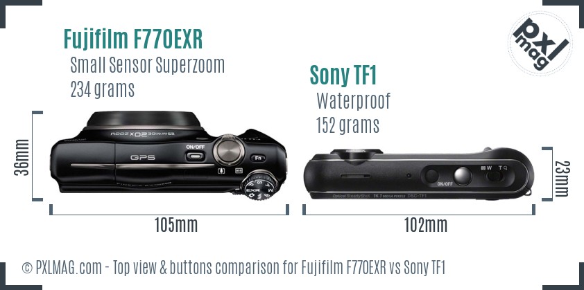 Fujifilm F770EXR vs Sony TF1 top view buttons comparison