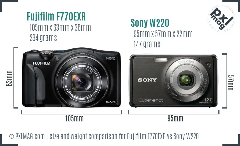 Fujifilm F770EXR vs Sony W220 size comparison