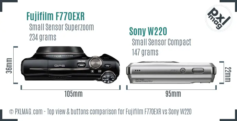 Fujifilm F770EXR vs Sony W220 top view buttons comparison