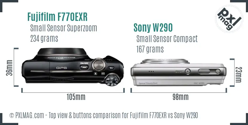 Fujifilm F770EXR vs Sony W290 top view buttons comparison Fujifilm F770EXR vs Sony W290 top view buttons comparison