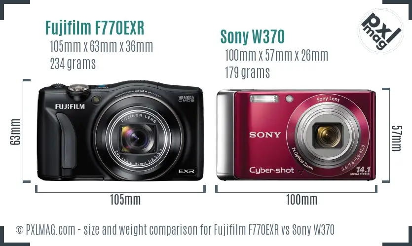Fujifilm F770EXR vs Sony W370 size comparison