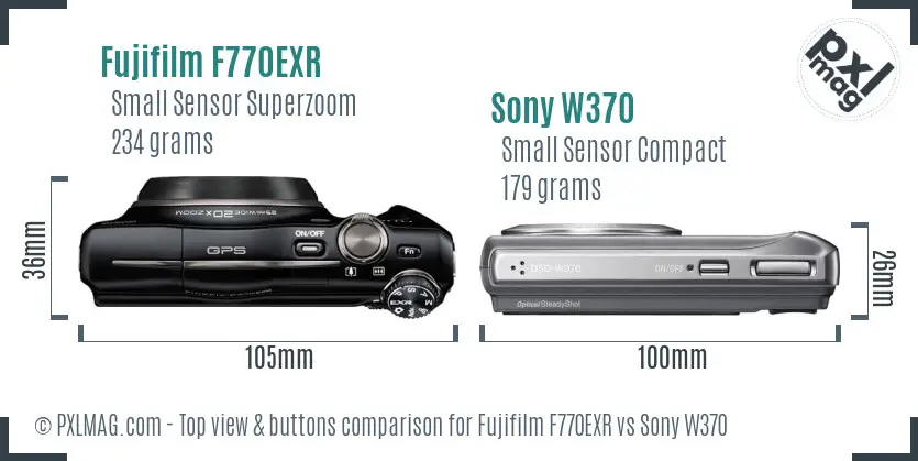 Fujifilm F770EXR vs Sony W370 top view buttons comparison