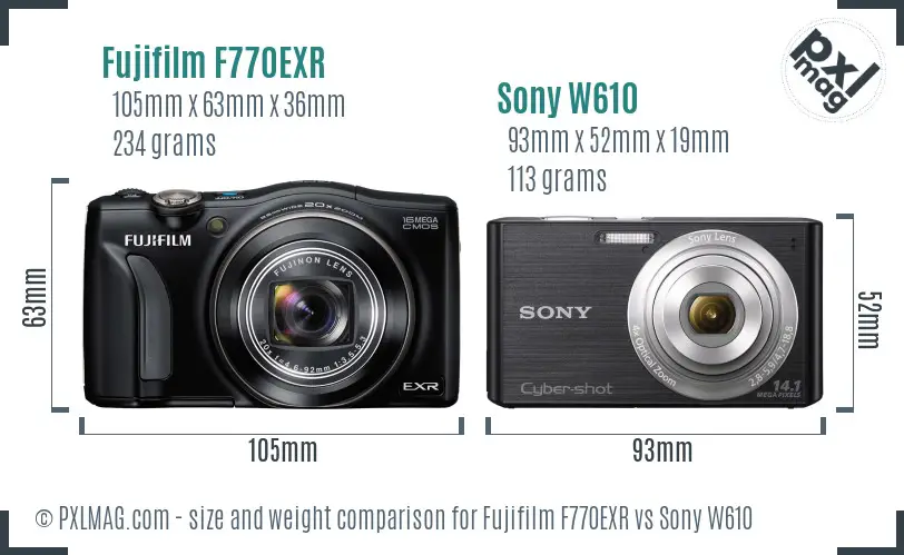 Fujifilm F770EXR vs Sony W610 size comparison