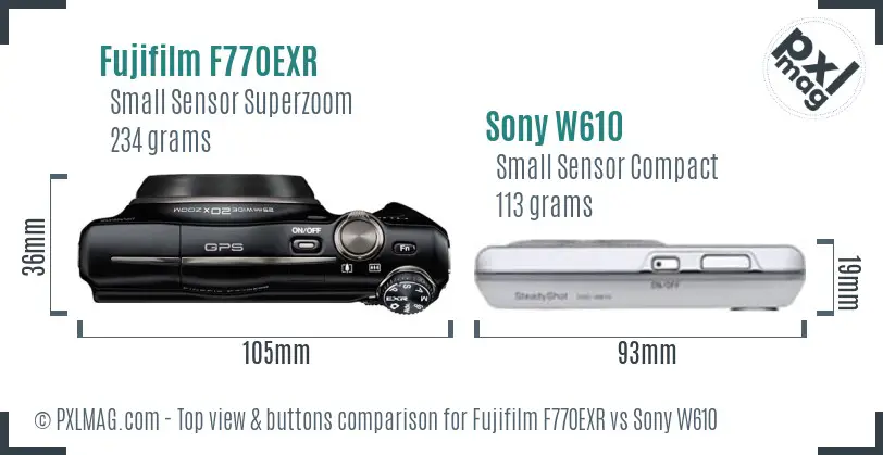 Fujifilm F770EXR vs Sony W610 top view buttons comparison
