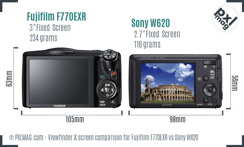 Fujifilm F770EXR vs Sony W620 Screen and Viewfinder comparison