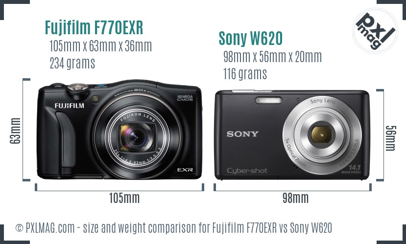 Fujifilm F770EXR vs Sony W620 size comparison