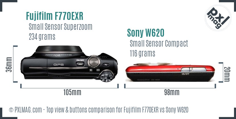 Fujifilm F770EXR vs Sony W620 top view buttons comparison