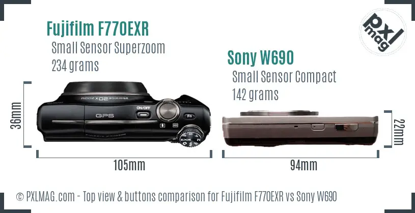 Fujifilm F770EXR vs Sony W690 top view buttons comparison