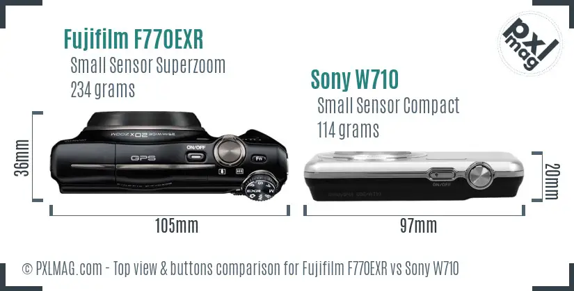 Fujifilm F770EXR vs Sony W710 top view buttons comparison Fujifilm F770EXR vs Sony W710 top view buttons comparison